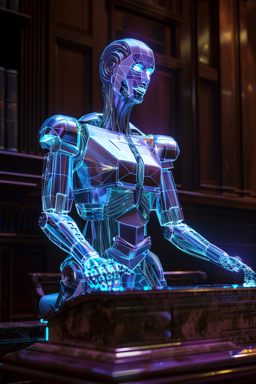 AI Robot Judge ruling in futuristic holographic courtroom.