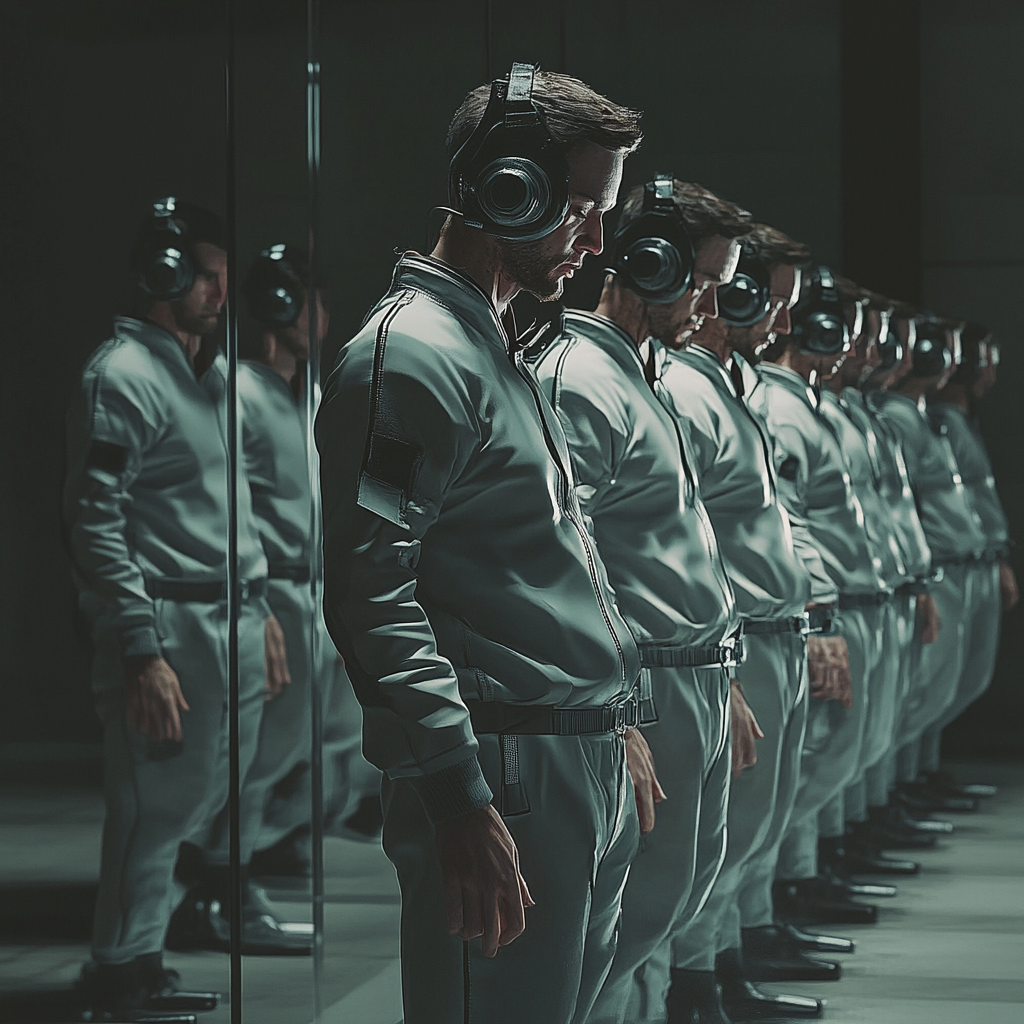 AI creates clones in jumpsuits under cinematic lighting