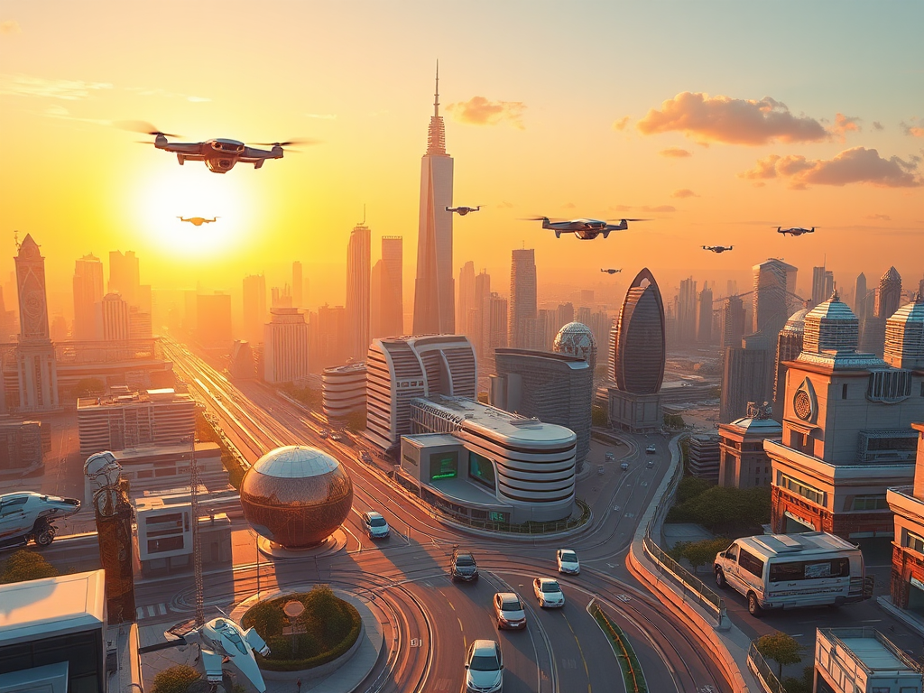 AI-powered futuristic city with flying cars and drones