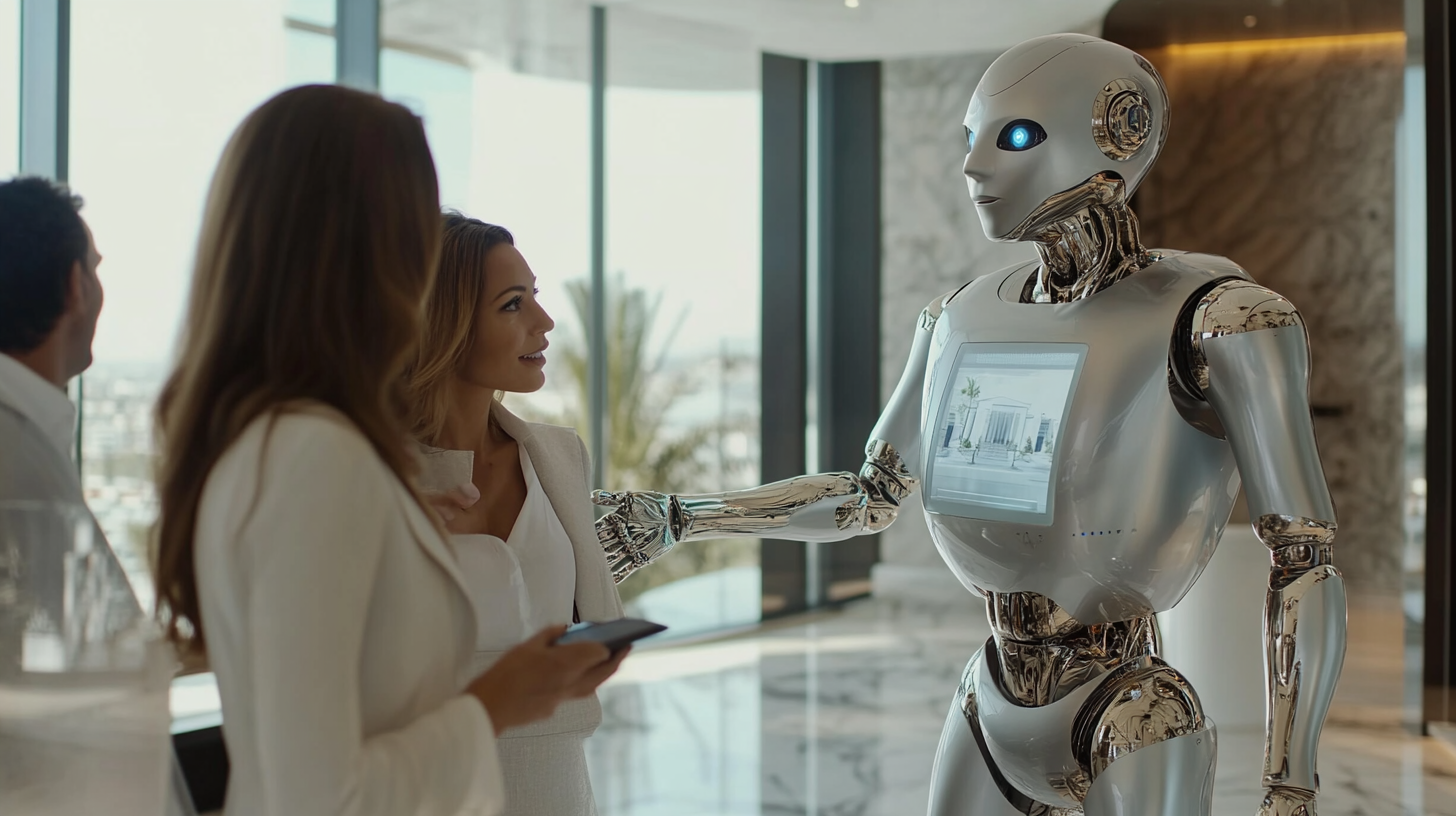 AI robot assists couple in luxurious real estate office.