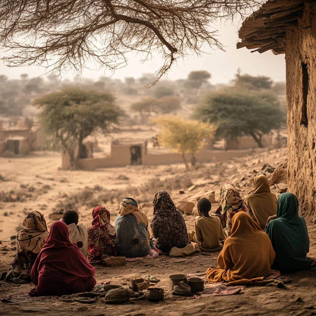 ALT: People praying in village; suffering, community, hope, solemn.