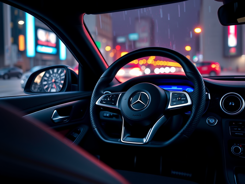 AMG Mercedes Steering Wheel in Rainy City