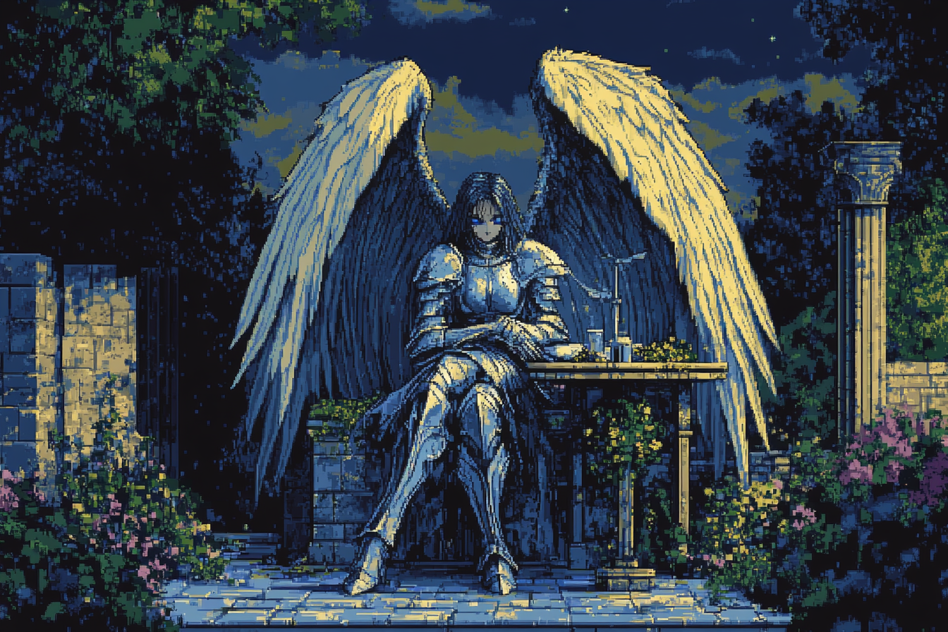 Aasimar Swordswoman at Night in Pixel Art Garden