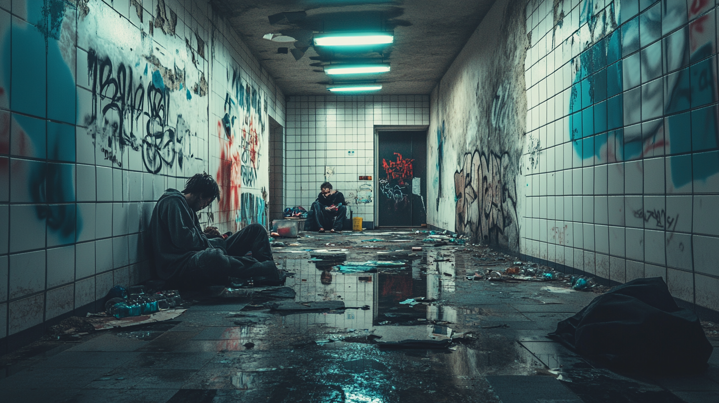 Abandoned French apartment block with disheveled individuals