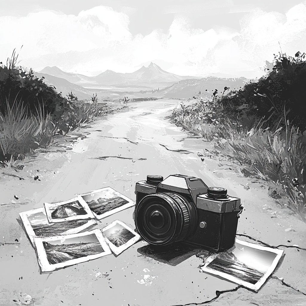 Abandoned camera on dusty road with exotic photos