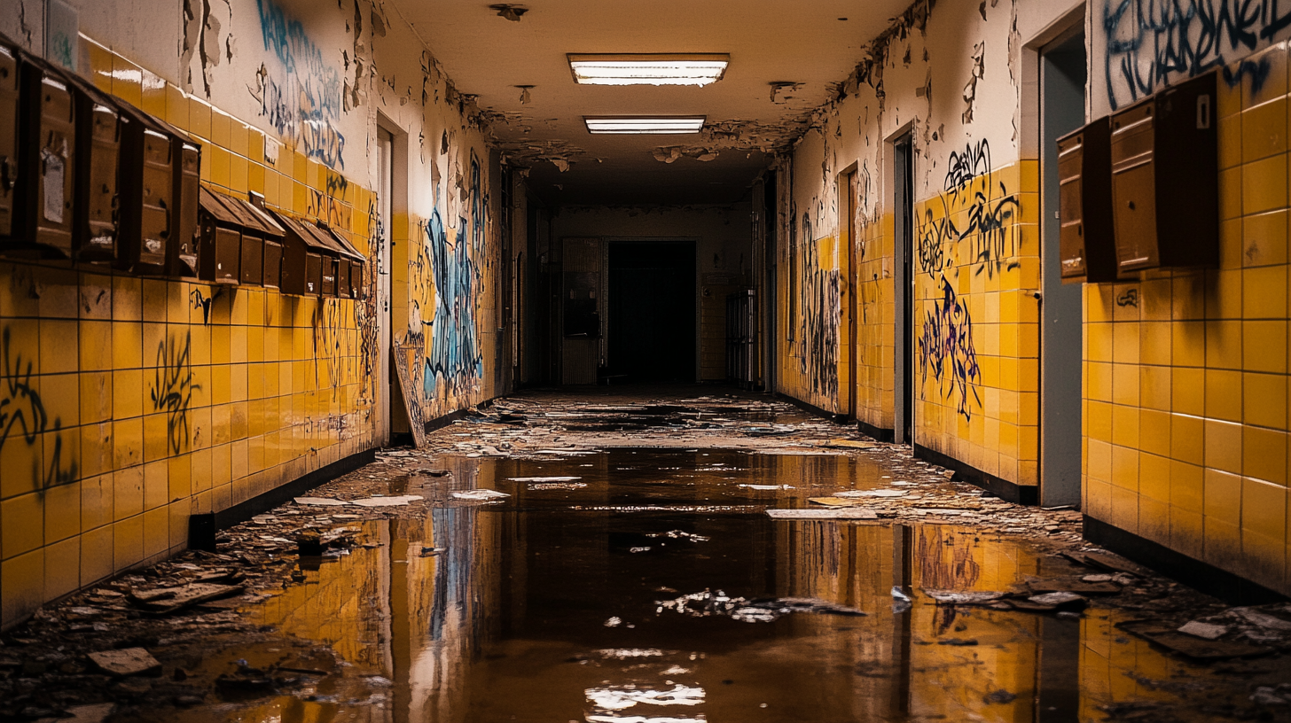 Abandoned high-rise entrance hall in French city