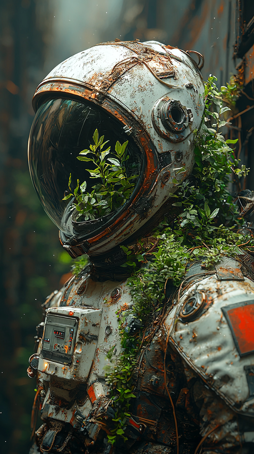 Abandoned space ship with plant inside helmet.