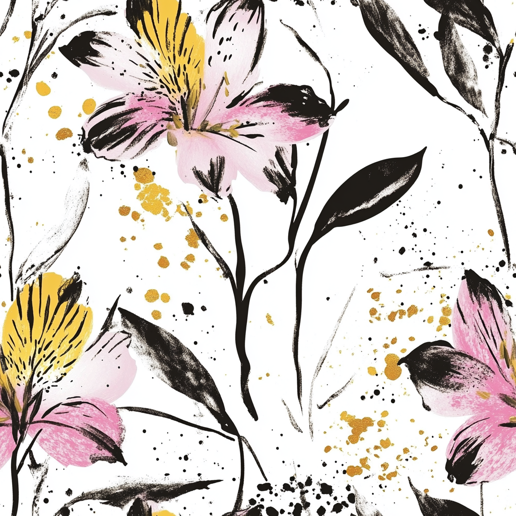 Abstract Alstroemeria Pattern with Golden Paint Splashes