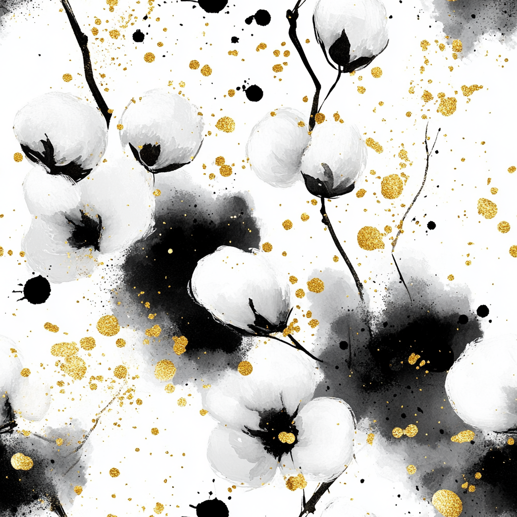 Abstract Cotton Flower Pattern with Golden Splashes