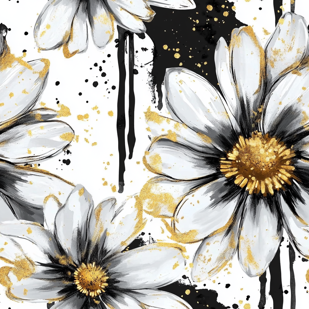 Abstract Gerbera Pattern with Gold Oil Splashes