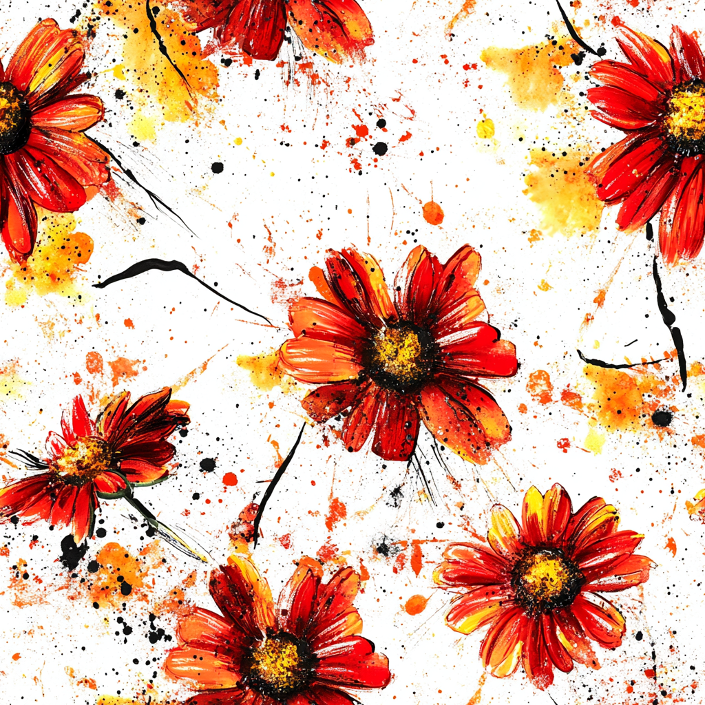 Abstract Gerbera Pattern with Golden Paint Splashes