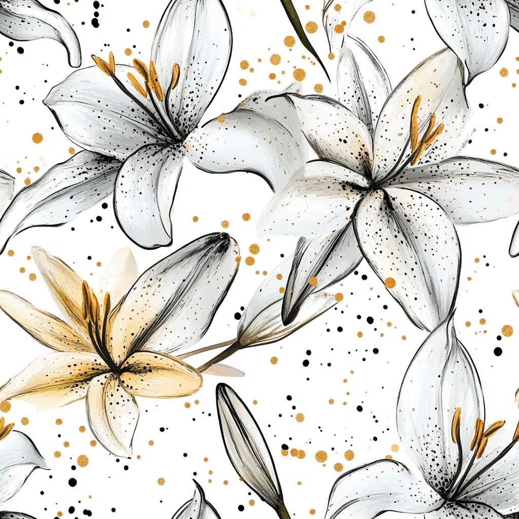 Abstract Lily Pattern with Golden Paint Splashes