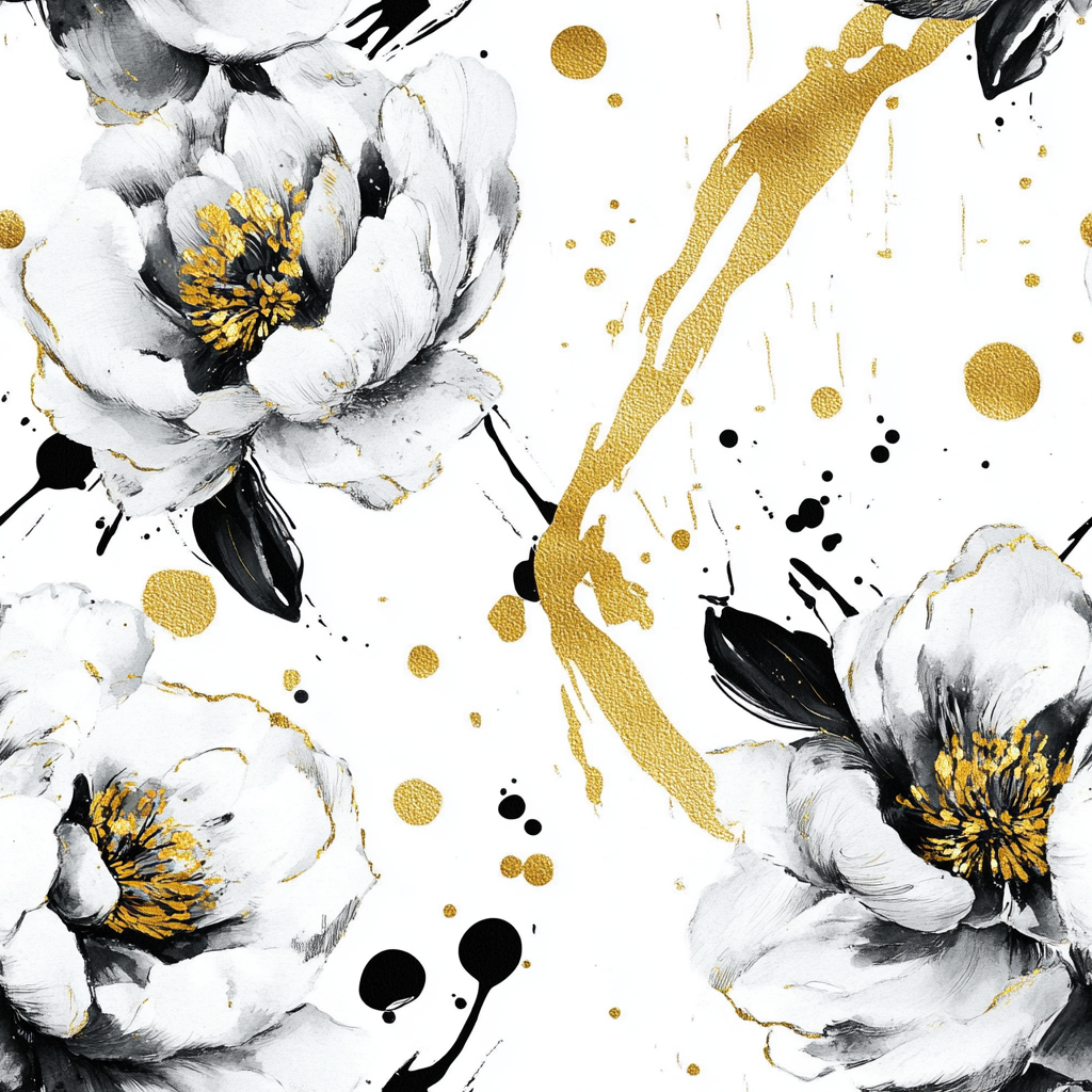 Abstract Peonies Pattern with Gold Splashes