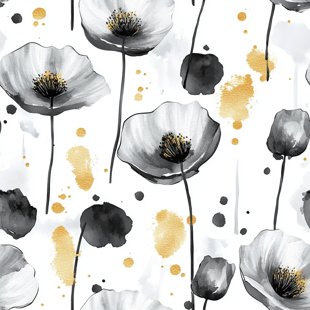 Abstract Poppies Pattern with Golden Splashes