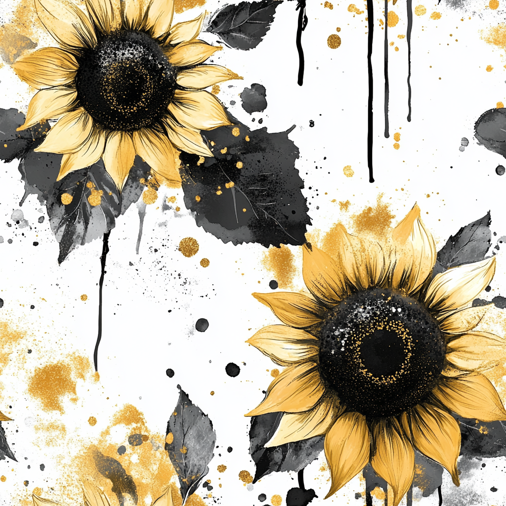 Abstract Sunflower Pattern with Gold Splashes