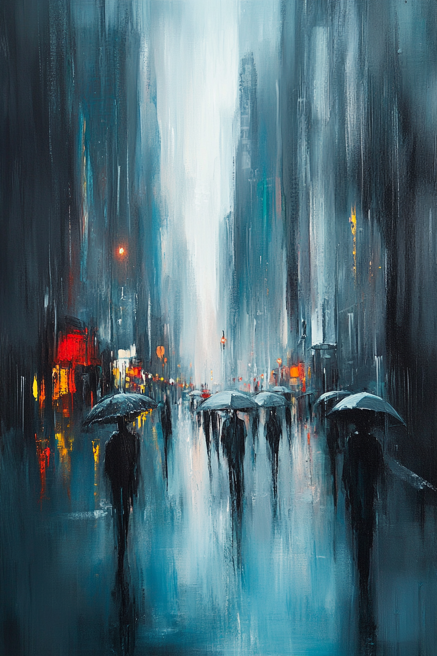 Abstract art of city rainstorm, muted colors, calming mood.