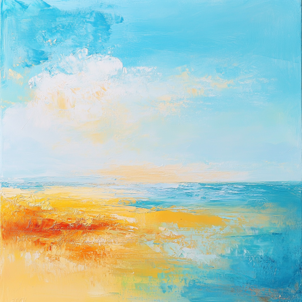 Abstract oil painting with warm, uplifting colors. Sky, coral, seashell, morning, blues, turquoise, azure.