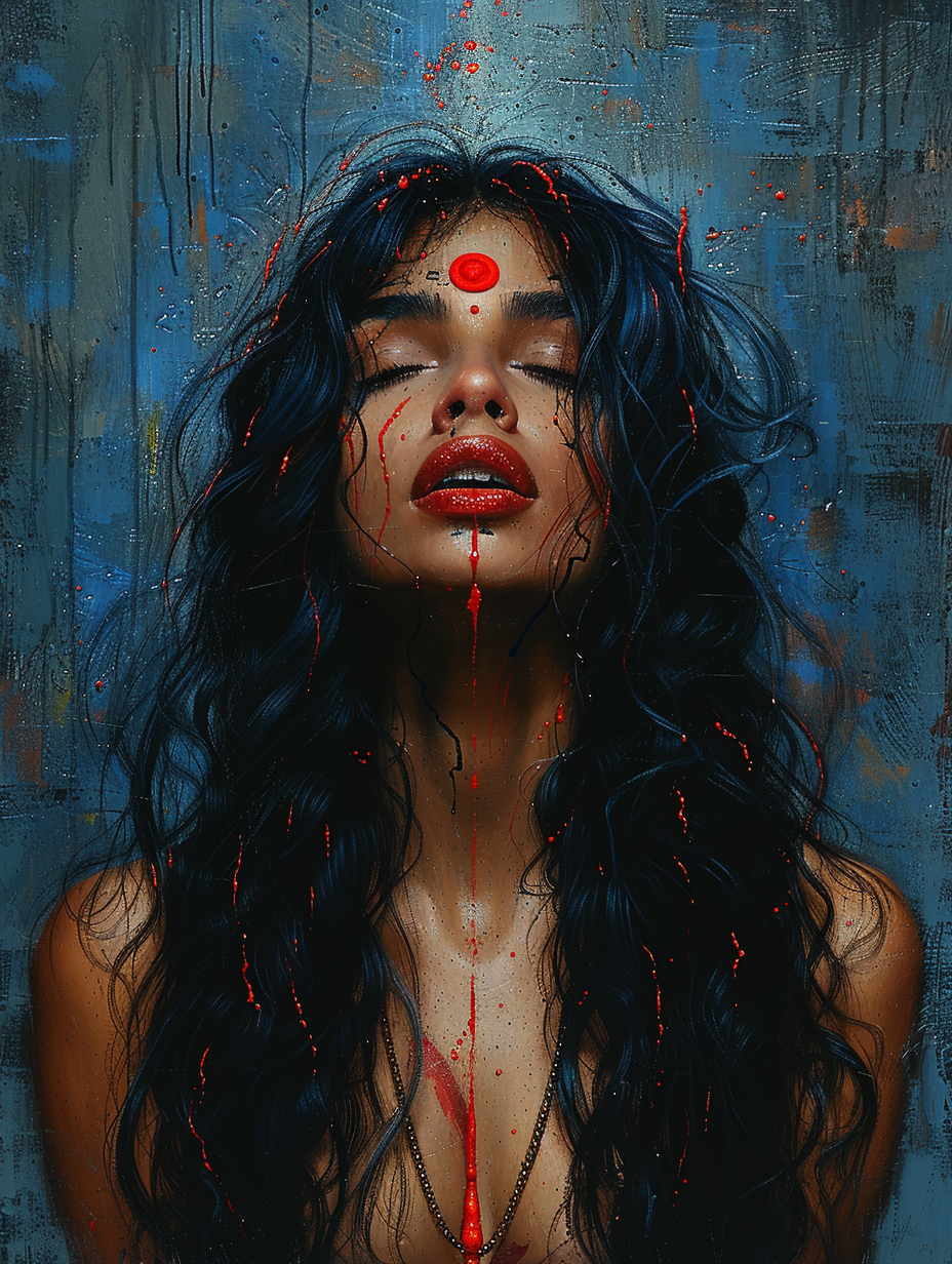 Abstract portrait on rough canvas, split vertically. Serene Indian woman's face, ferocious Kali. Vibrant blue skin, thick brushstrokes.;left calm, right intense expression.非Idealized, raw representation.