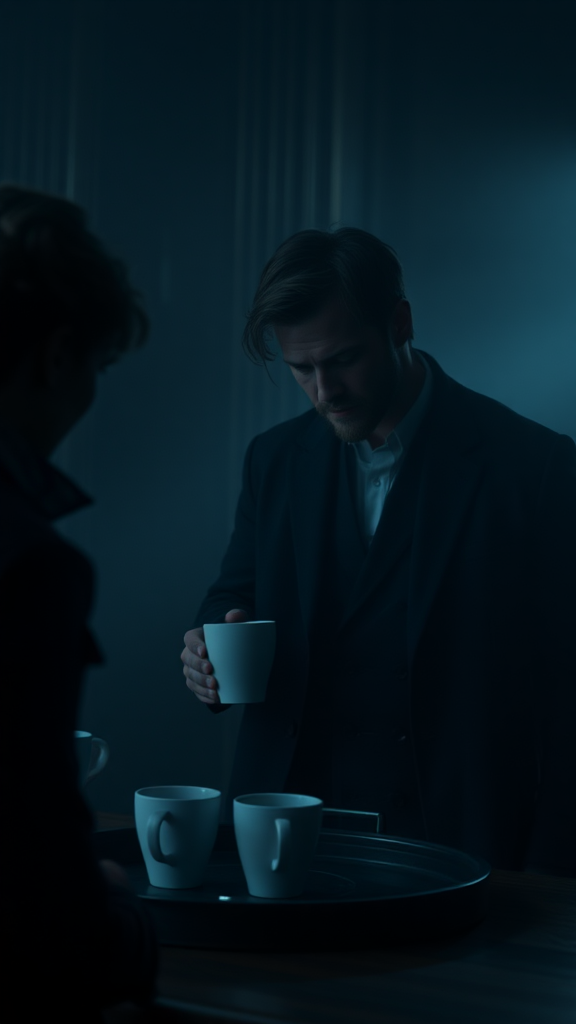 Actor takes white cup from tray in dark room.