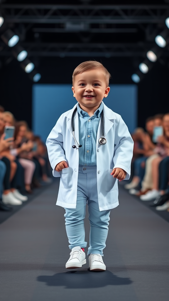 Adorable Baby Doctor Struts in Stylish Runway Aesthetic.