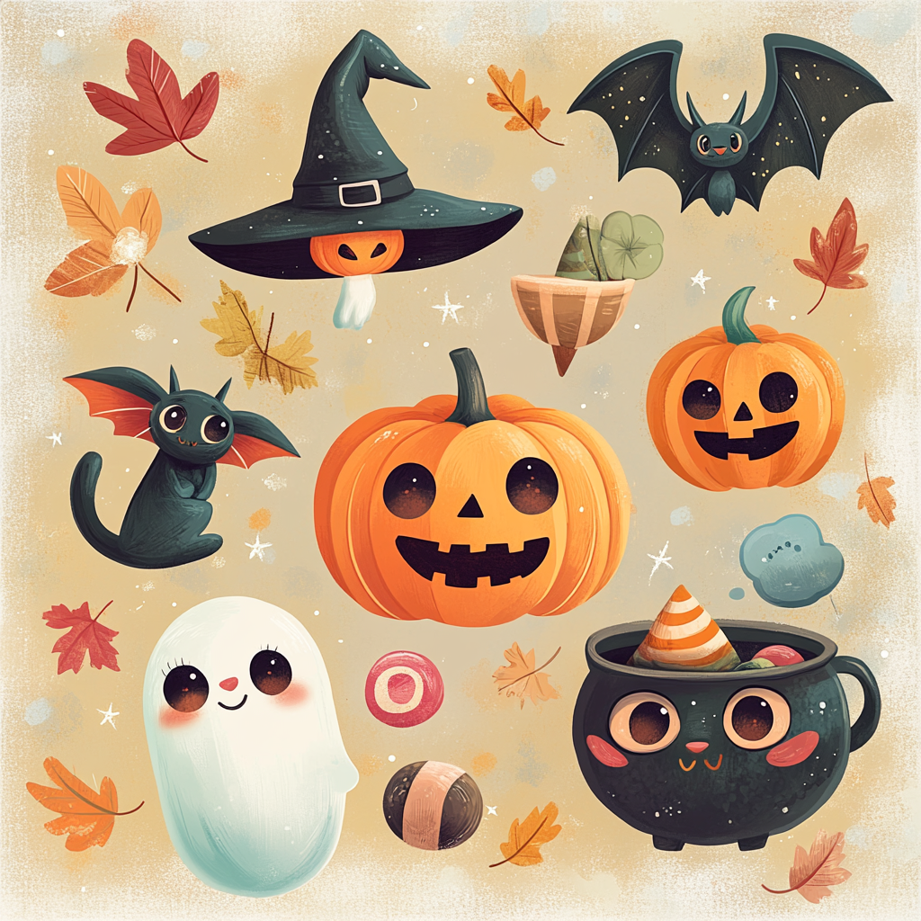 Adorable Halloween Vector Icons Collection: Jack-o'-lantern, Ghost, Witch's Hat, Bat, Cat