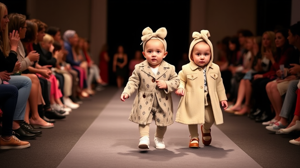 Adorable babies walking on cute fashion show ramp.