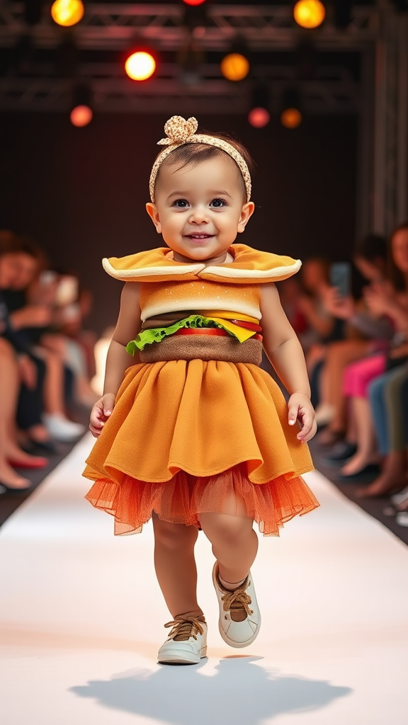 Adorable baby in hamburger outfit struts on runway