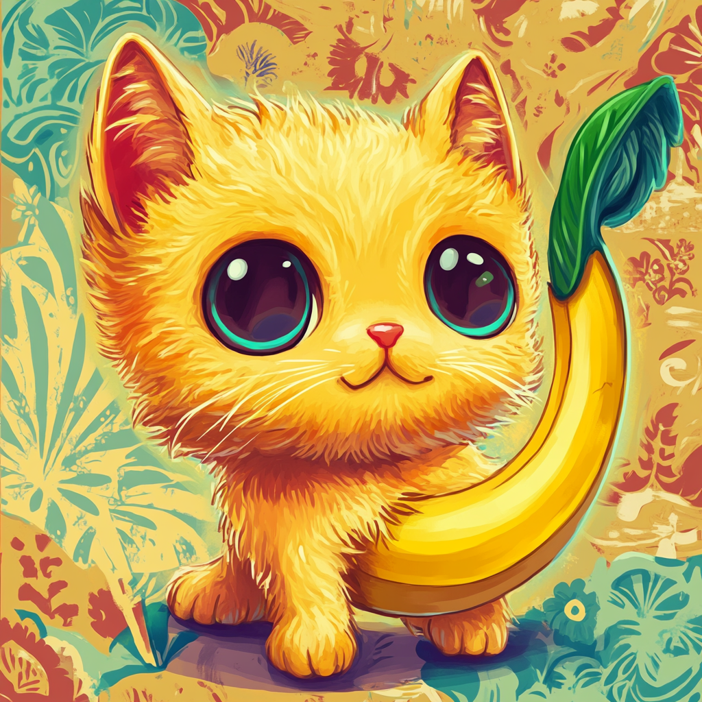 Adorable chibi cat with banana-shaped body and cheerful expression.