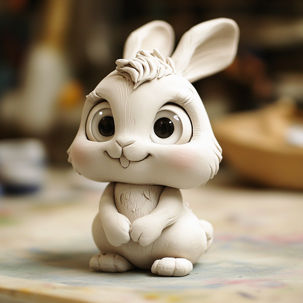 Adorable clay baby bunny with big eyes and smile