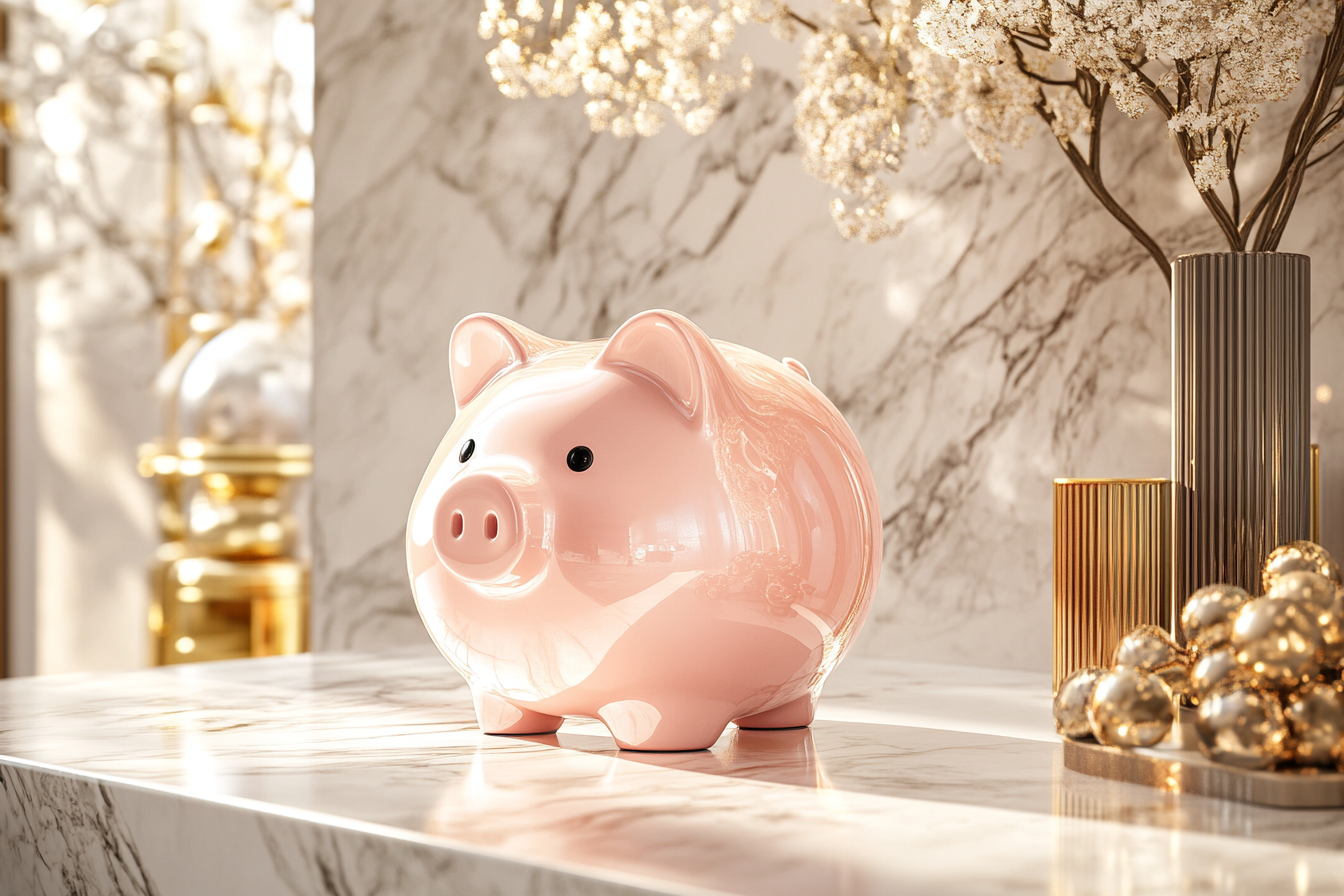 Adorable pink piggy bank on marble surface