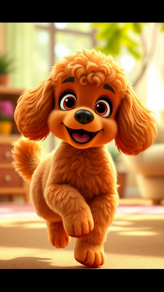 Adorable red Cavapoo in playful Pixar-style animation