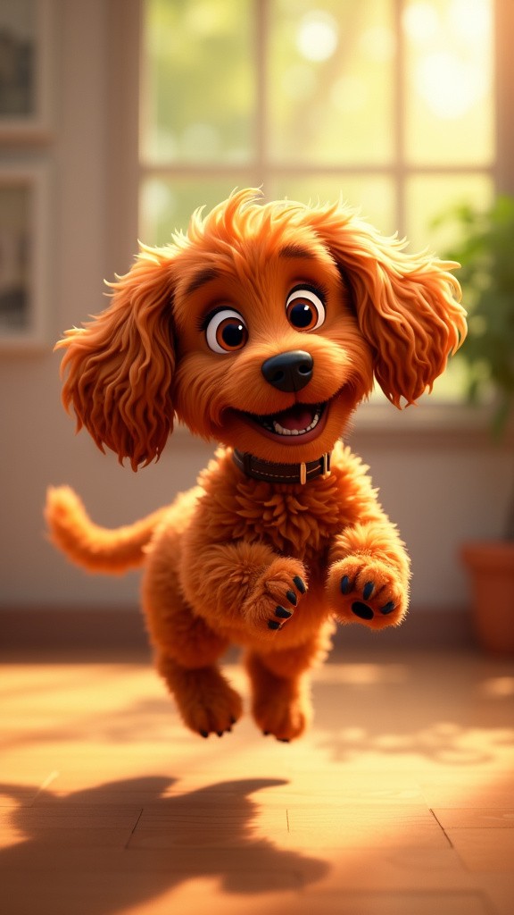 Adorable red Cavapoo in vibrant animated scene