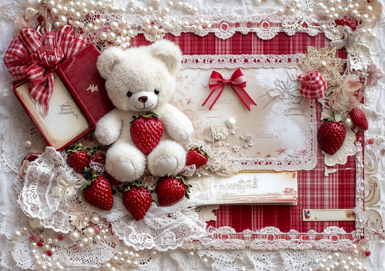 Adorable scrapbook page with teddy bear and strawberries