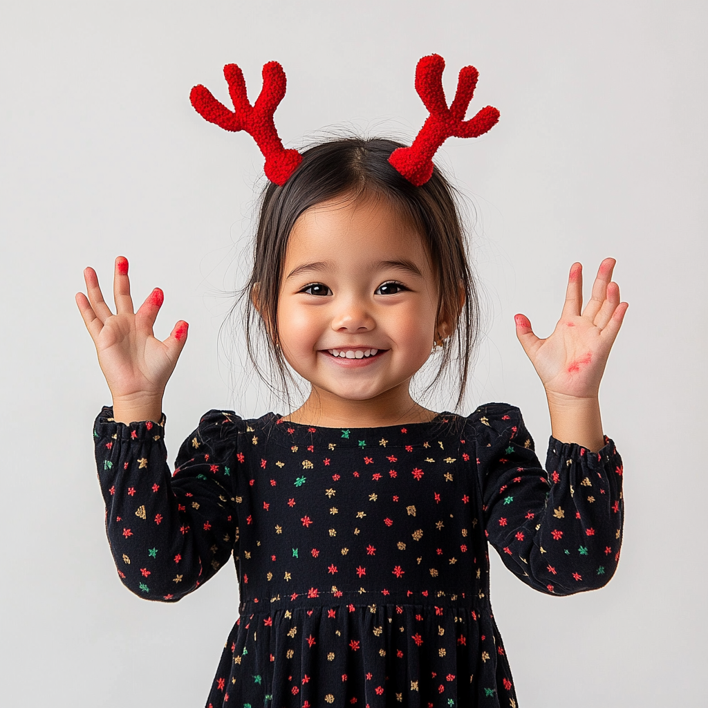 Adorable young girl with reindeer antlers and red nose