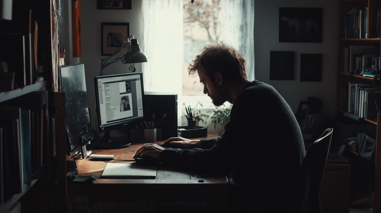 Adult Man Working on Computer in Morning Light