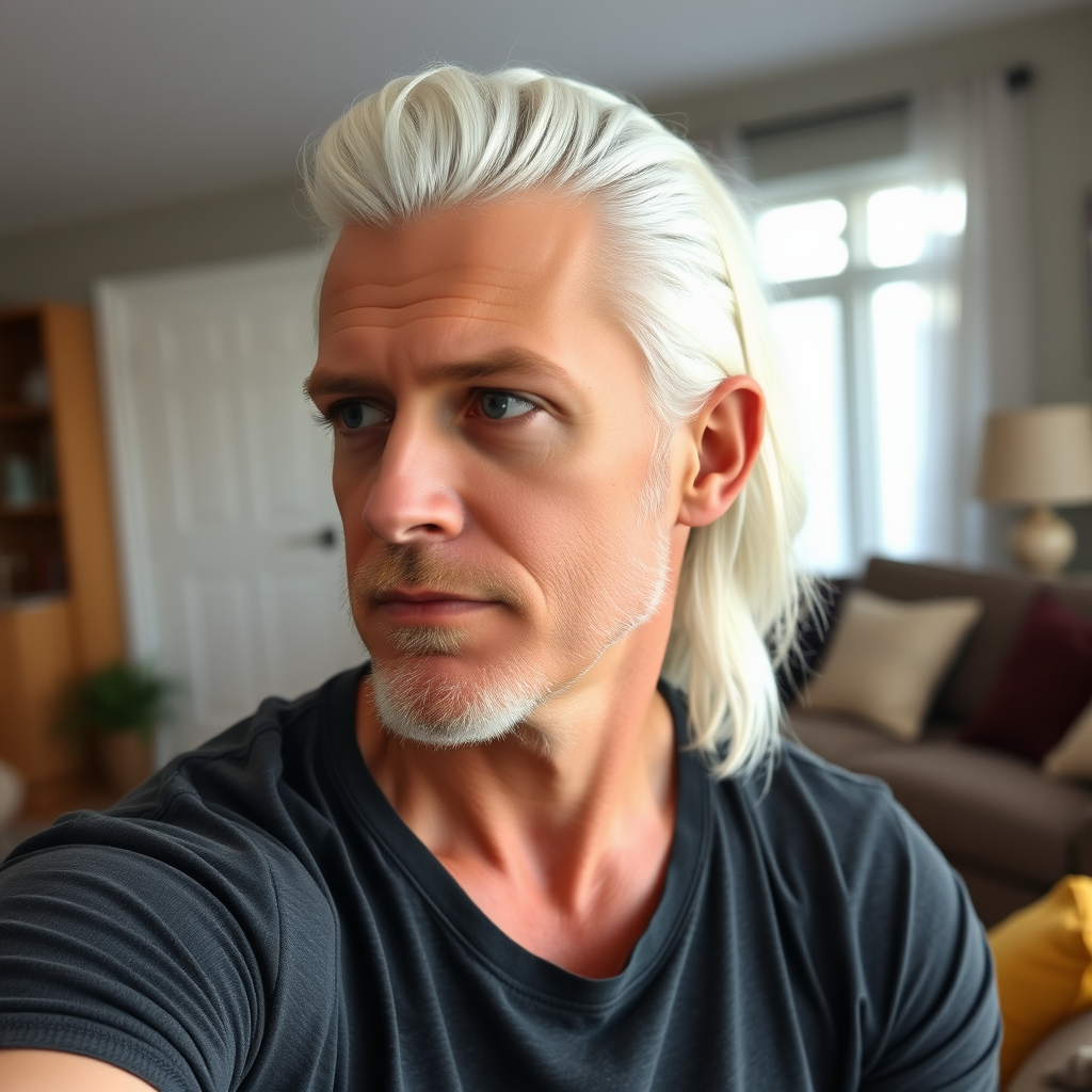 Adult Man with Long White Hair in Living Room