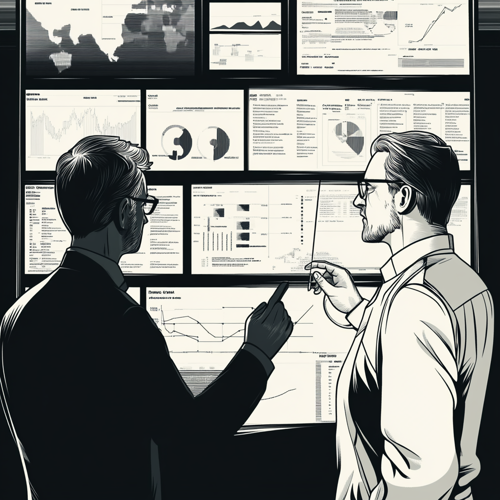 Advisors Analyzing Investor Data: An Engraved Poster