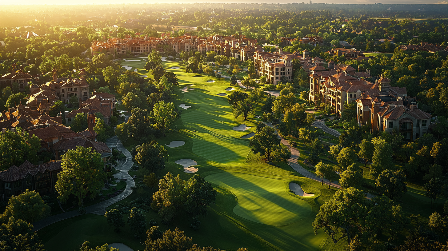 Aerial View of Golf Course and Buildings Nearby