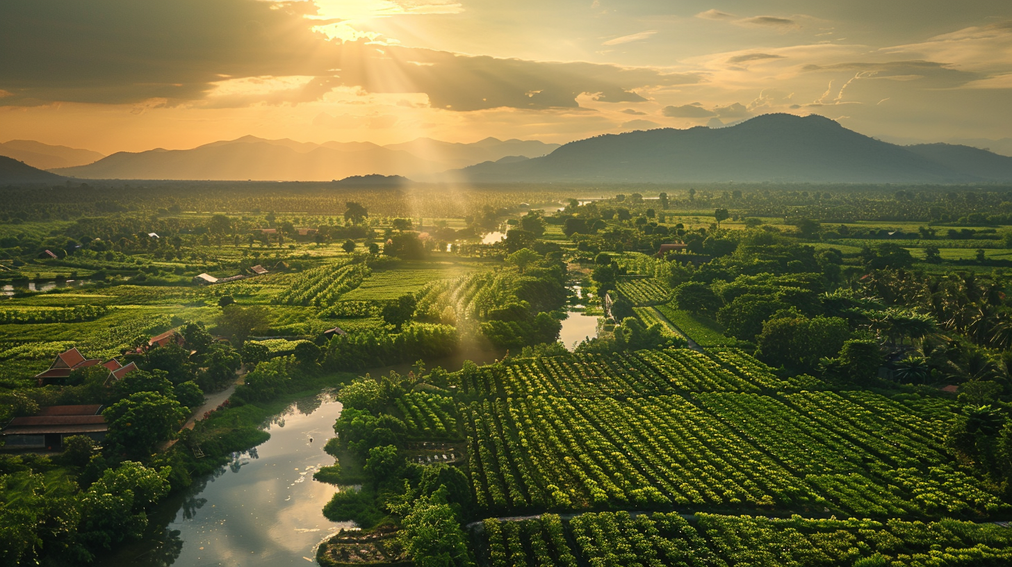 Aerial View of Kampot's Sunlit Pepper Plantations