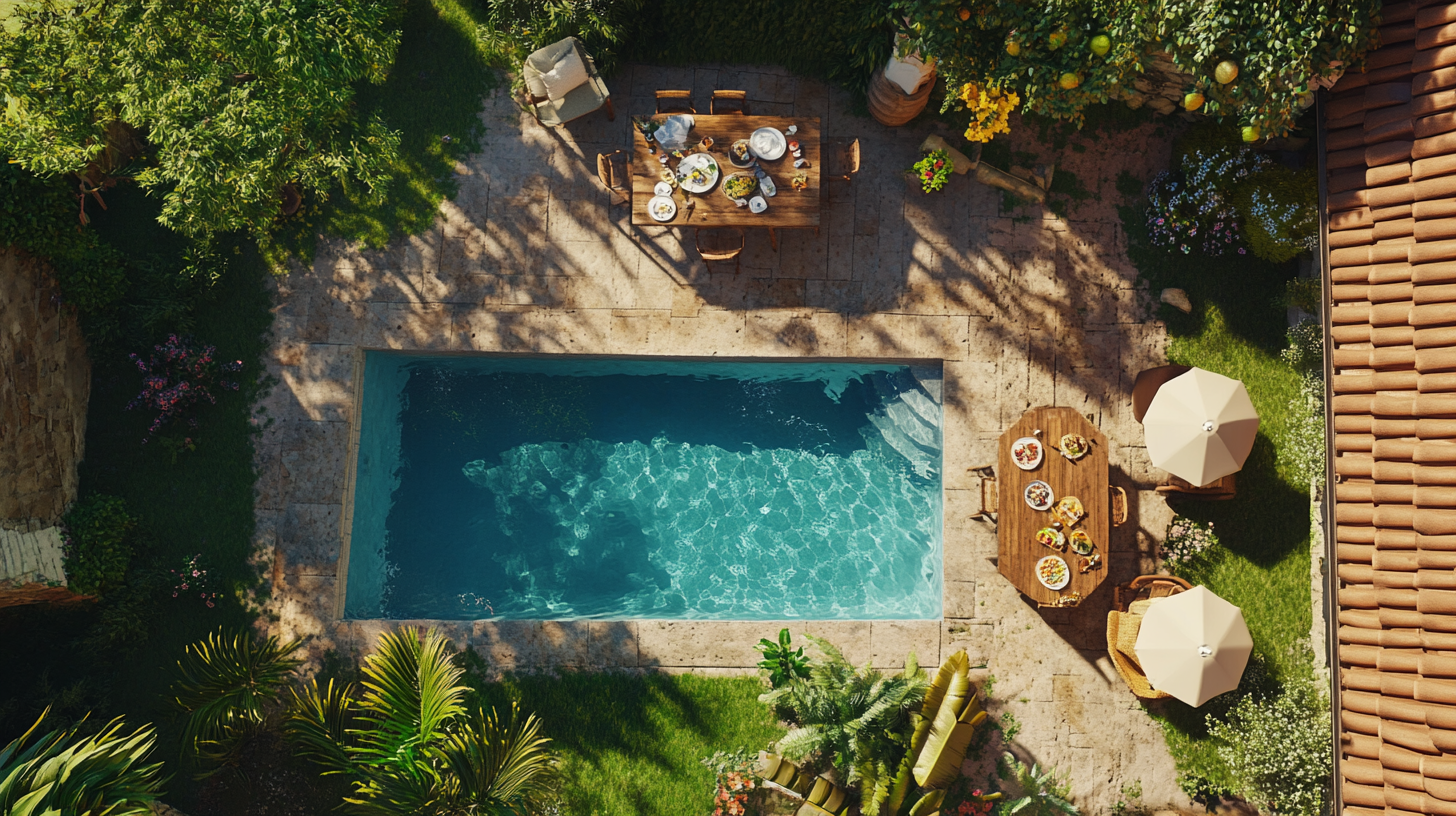 Aerial view of family breakfast by pool in Sicily.