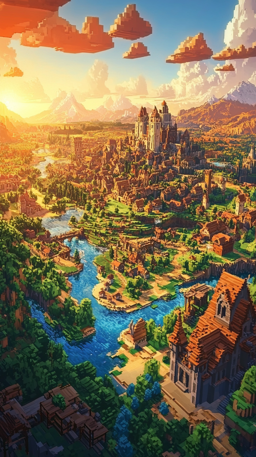 Aerial view of majestic Minecraft kingdom at sunset.