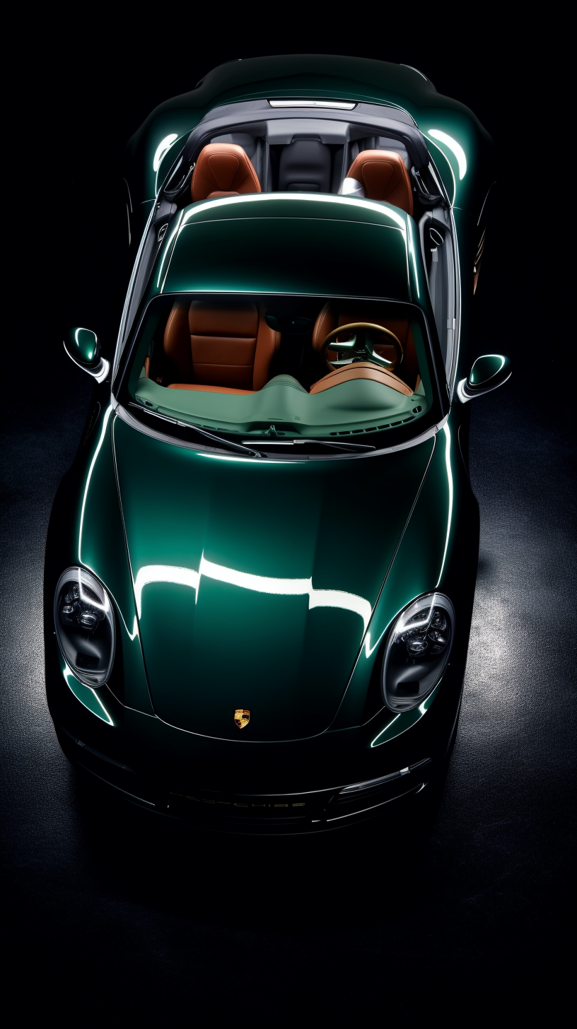 Aerial view of vintage car with metallic green body.