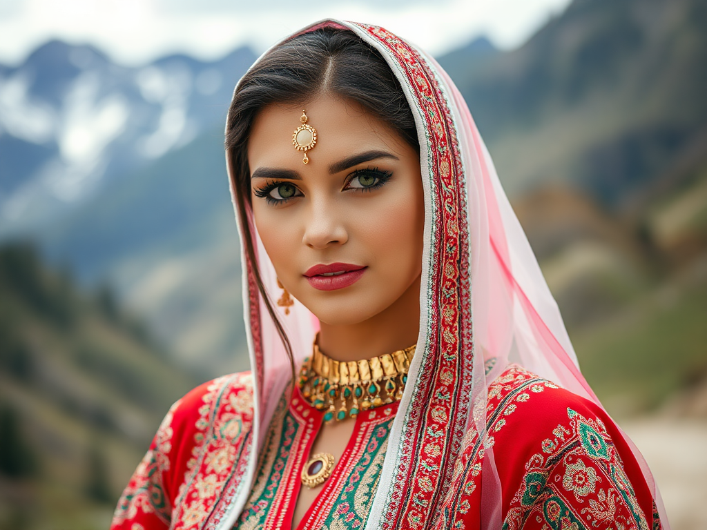 Afghanistani bride in traditional dress, with green eyes, photoshoot.