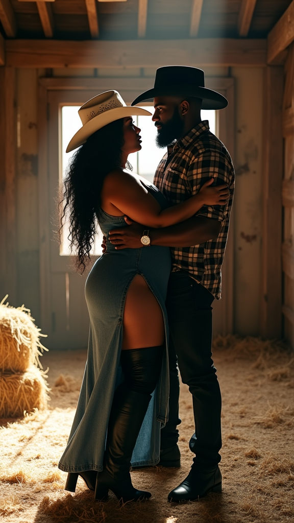 African American Couple Embracing in Rustic Barn