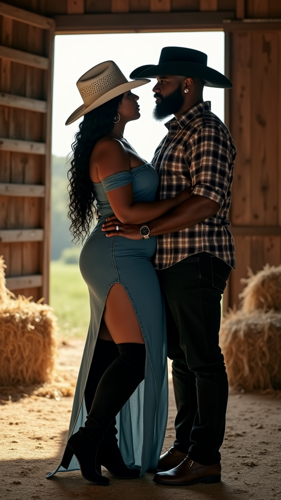 African American Couple Embracing in Rustic Barn