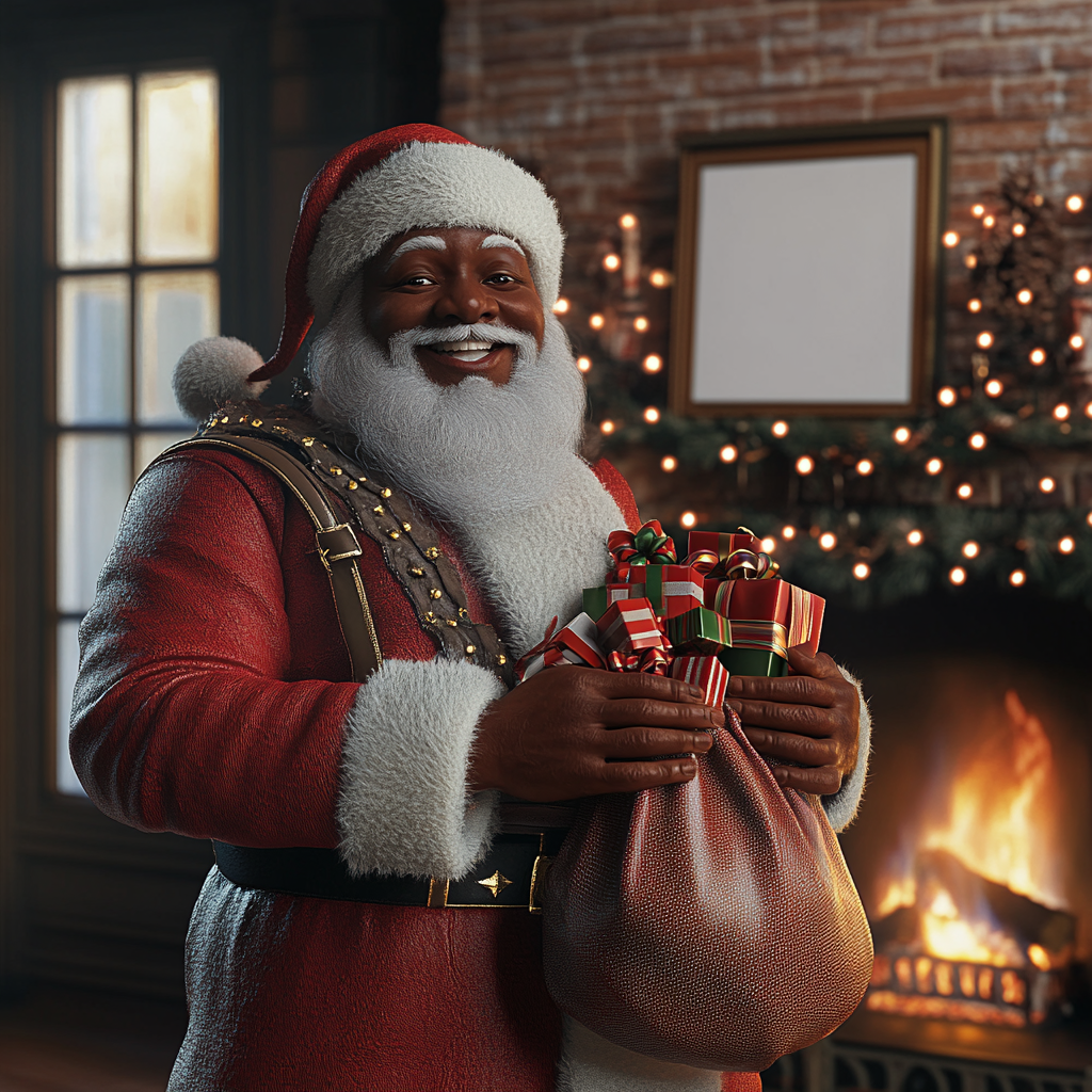 African American Santa with gifts by fireplace