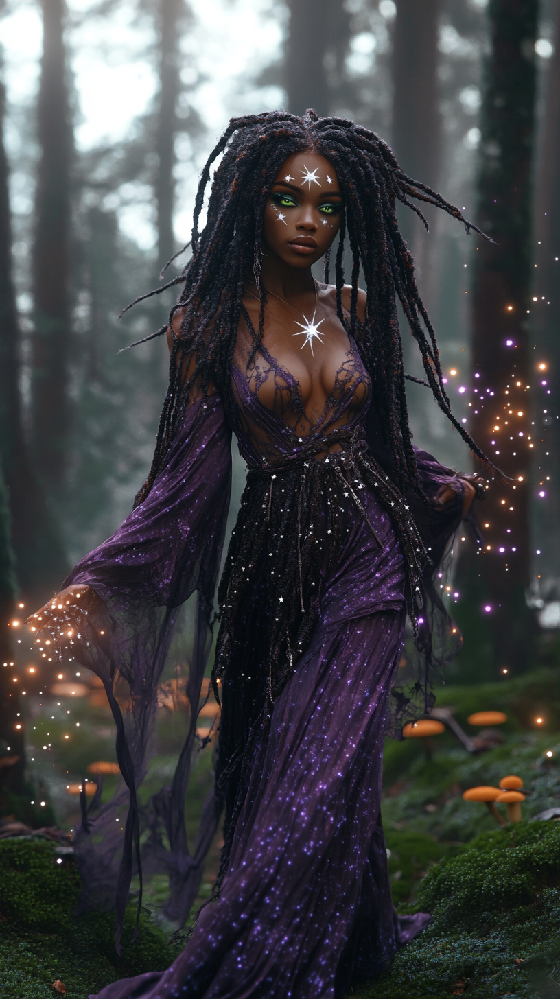 African American Woman's Magical Walk in Enchanted Forest