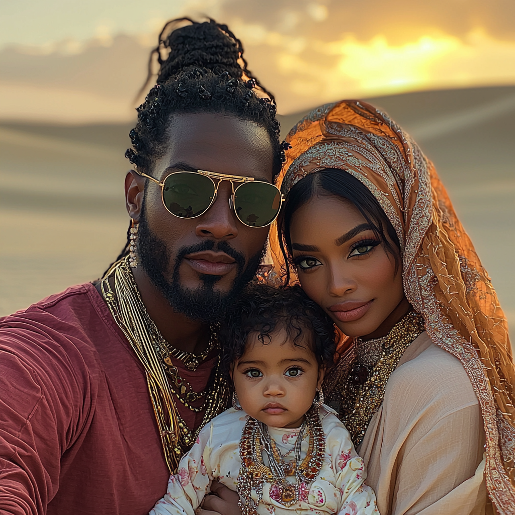 African American man, Arab wife, and daughter in Dubai desert sunset