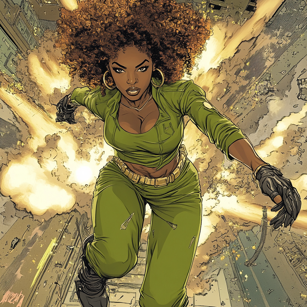 African American superhero saves curly African American women