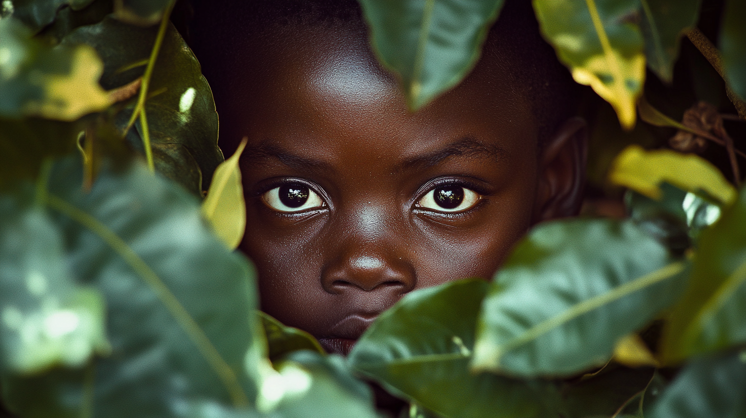 African Boy Staring Through Bush Opening in Shock